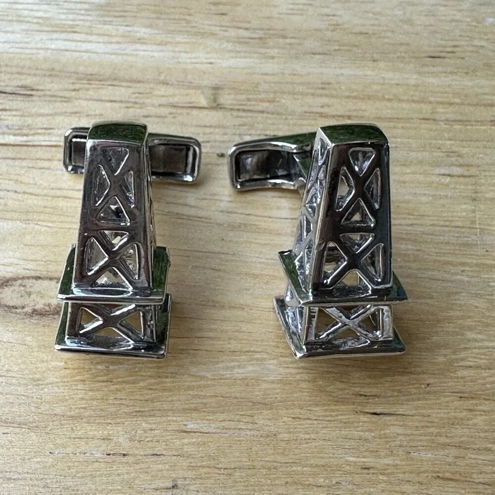 Ravi Ratan Signed Oil Drilling Rig Cufflinks 1 Inch‎ Energy Sterling 16.1 Grams